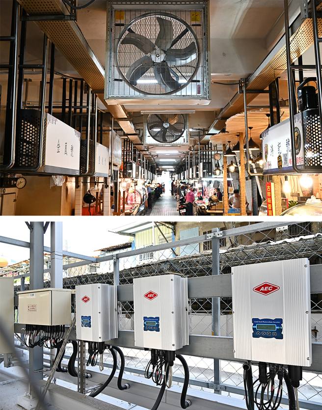 為優化苓雅市場環境，裝置改善通風的排風扇，並於屋頂設置太陽光電節能設施。(攝影/Carter)