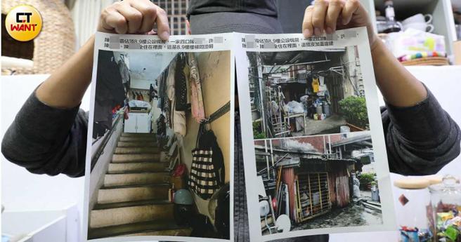 住户A先生指出，管理员一家住在顶楼公共区域，加盖铁皮屋养狗种花，还将安全梯当成自家储物间，逃生问题堪忧。（图／刘耿豪摄）