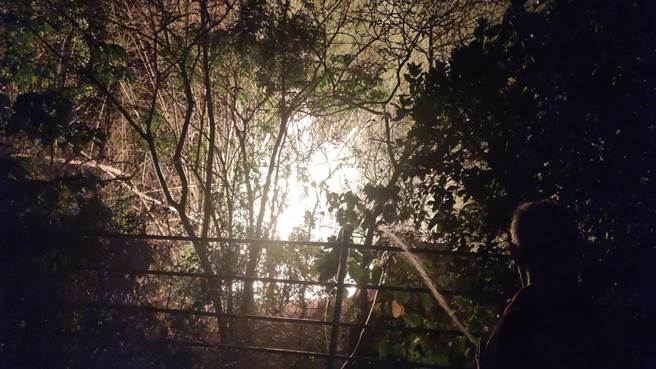 高雄市田寮区南安里峰圣宫附近于18日晚间8时发生山林火警，消防局共出动43车94人前往抢救，採分区指挥，扑灭火势。（翻摄照片／林瑞益高雄传真）