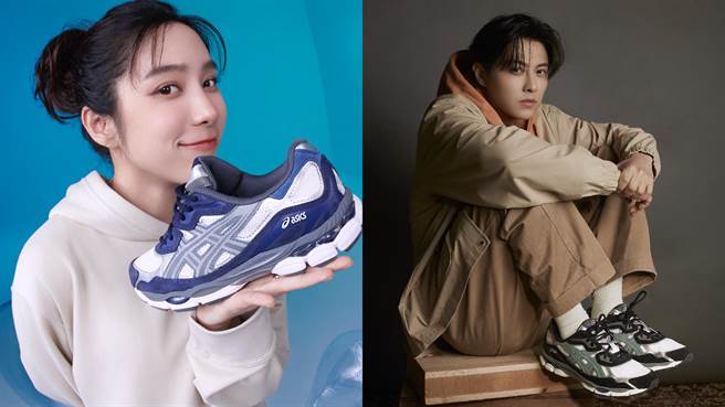 温贞菱（左）、王子邱胜翊演绎ASICS GEL-NYC鞋款，随性展示復古风格穿搭。（ASICS提供）