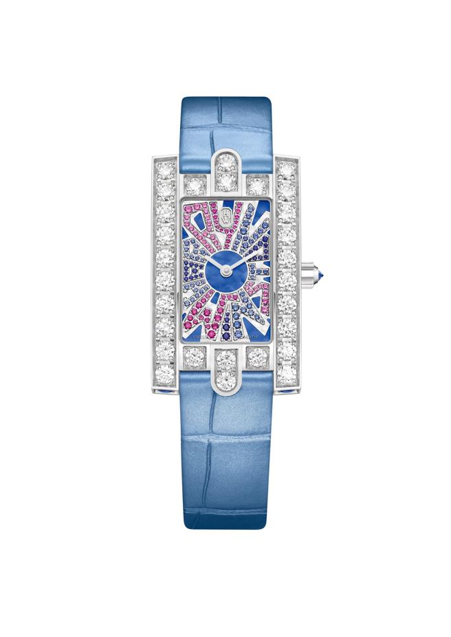 海瑞温斯顿第五大道Avenue Classic系列Graffiti珠宝表融入街头艺术，蓝色鱷鱼皮表带。（Harry Winston提供）