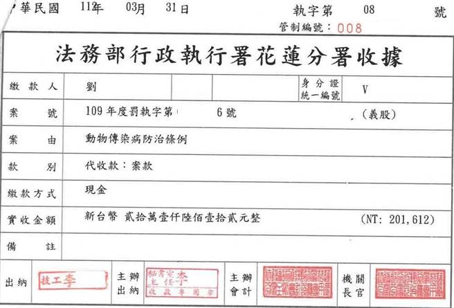 非洲猪瘟疫情仍严峻，刘男携带肉品入境，被裁罚20万元，近日才缴清。（行政执行署花莲分署提供／王志伟花莲传真）