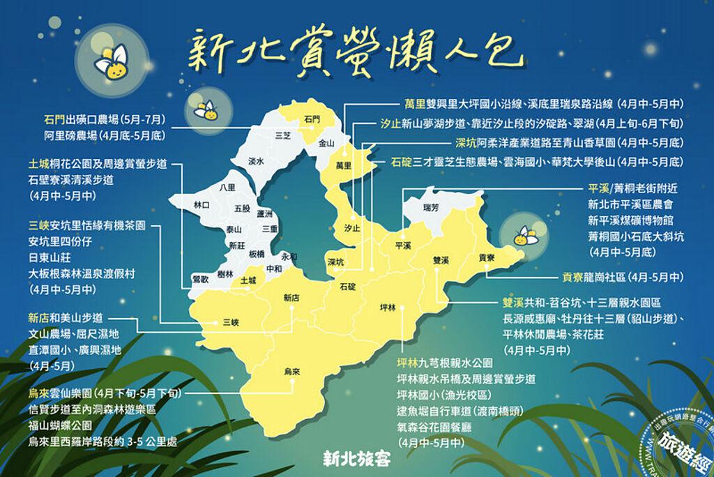 觀光旅遊局製作「新北賞螢地圖」攻略懶人包。（新北市政府觀光旅遊局提供）