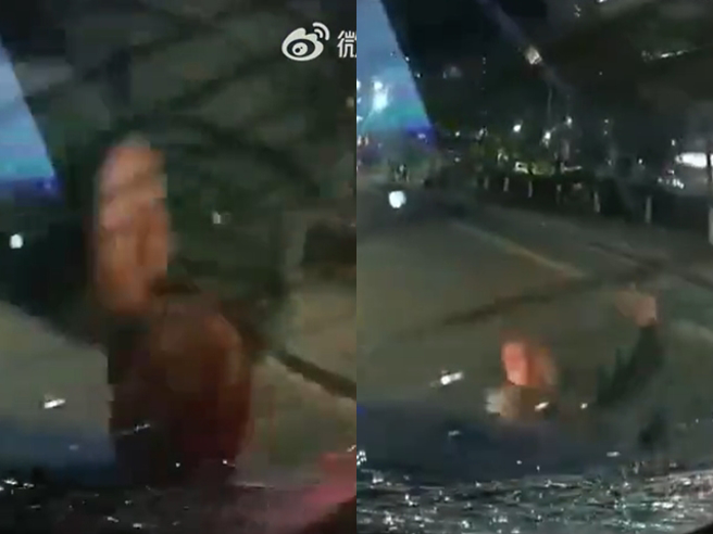 轿车16日行驶在8线道的外侧，前方2辆车突然靠左急切并剎车，但后方驾驶仍径自往前开，当场撞飞一名走在斑马线上的老人。（翻摄自微博帐号「交通安全蜀黍」）