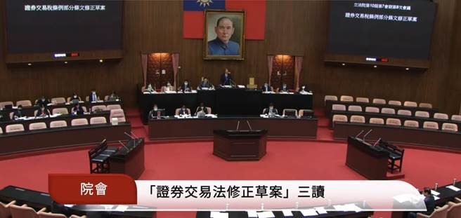 立法院今三读通过《证券交易法部分条文修正案》，将大量持股申报及公告门槛，由现行10％修正为5％。（翻摄自立法院直播）