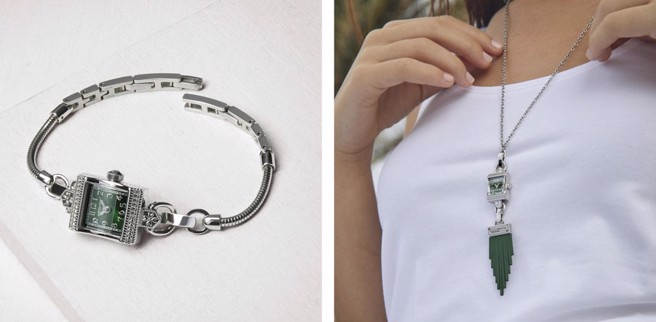 美国经典系列LADY HAMILTON NECKLACE腕表，精钢炼带与炼式表炼，绿色流苏吊坠，2万3300元。(图片/汉米尔顿提供)