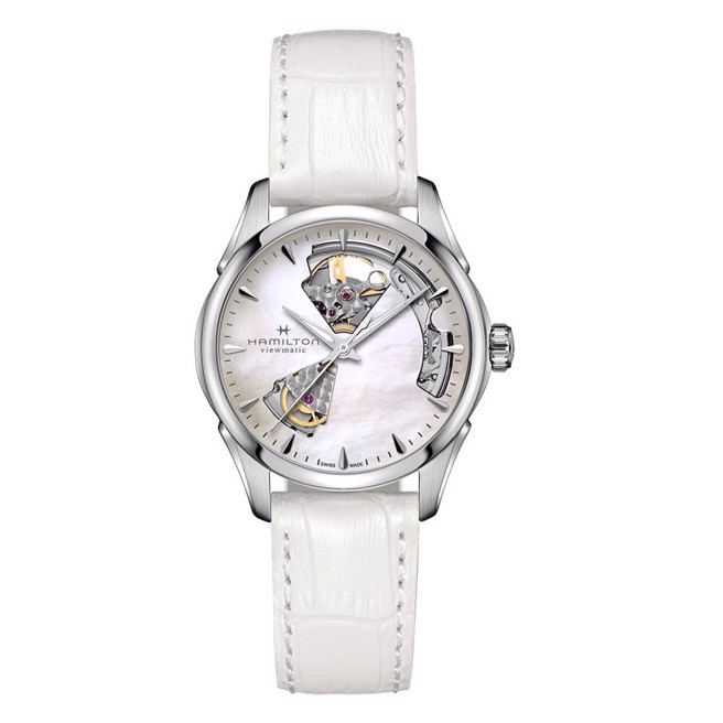 爵士大师系列 OPEN HEART 36毫米珍珠母贝镂空腕表，白色皮革表带，3万4000元。(图片/汉米尔顿提供)