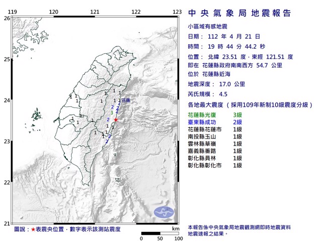 21日晚间7时许，花东近海发生芮氏规模4.5地震。（图／气象局）