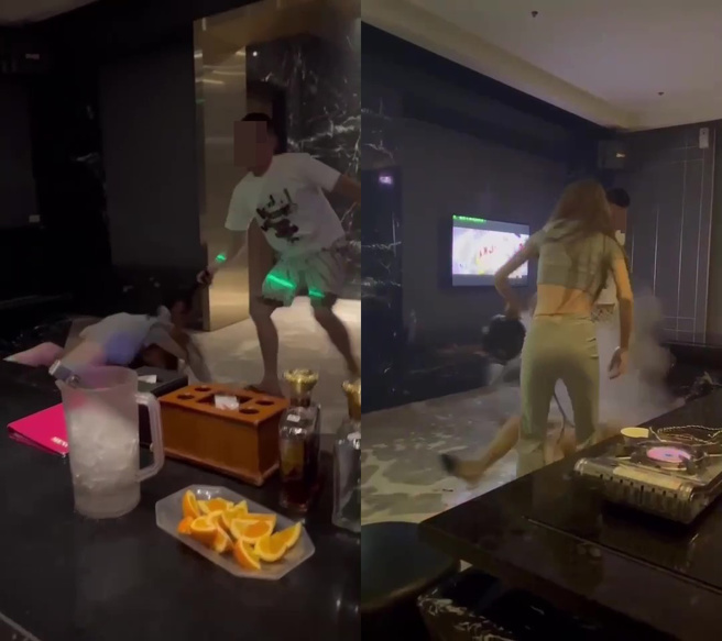 台中KTV2女打架 一女遭扯髮拖行热锅直接淋头。（翻摄爆料公社）