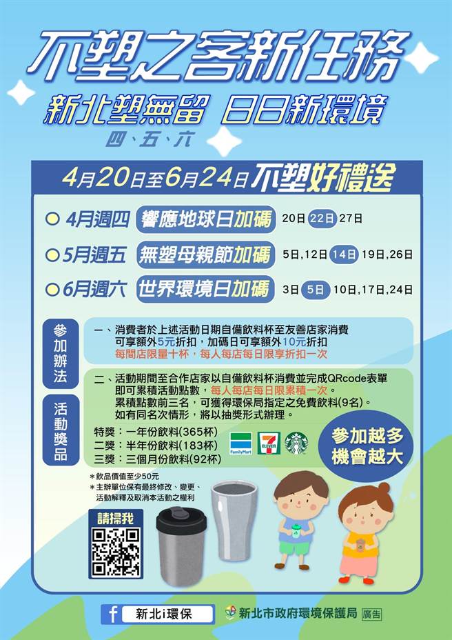 民眾在4月20日起至6月24日止，自备饮料杯前往指定店家消费，即可获每杯饮料5元折价券，今限量加码折扣10元，活动期间依指定步骤完成不塑消费登录者，更有机会获一年份免费星巴克或超商咖啡。（环保局提供）