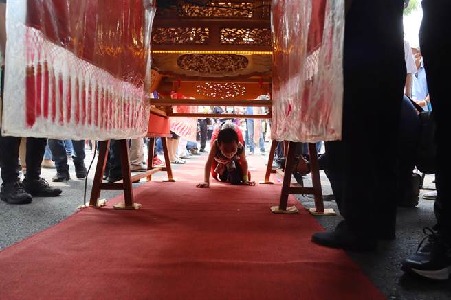 传承超过200年的嘉义市秋千节今在光路里武当山玄天上帝庙庙埕热闹登场，现场并开放民眾钻轿脚。（吕妍庭摄）