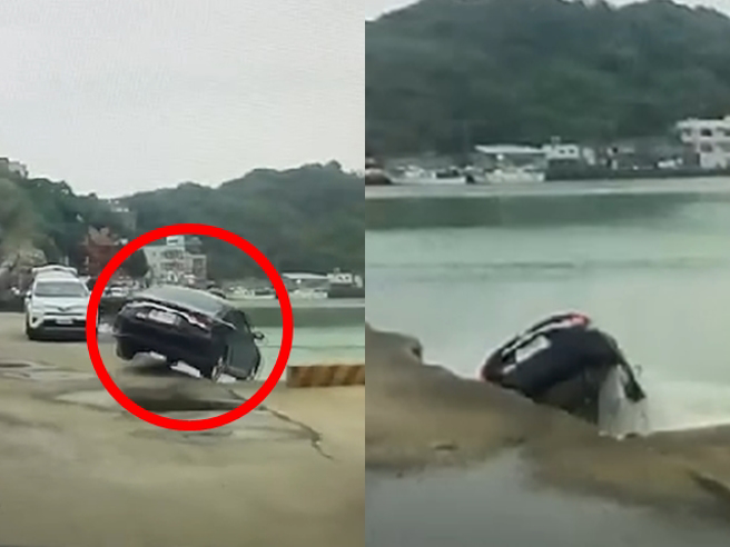 女子的车辆在路上一路狂飙，数度擦撞一旁水泥边坡，留下严重摩擦痕迹，车身摇摇晃晃之下，最后直接往海里衝入。（翻摄画面）