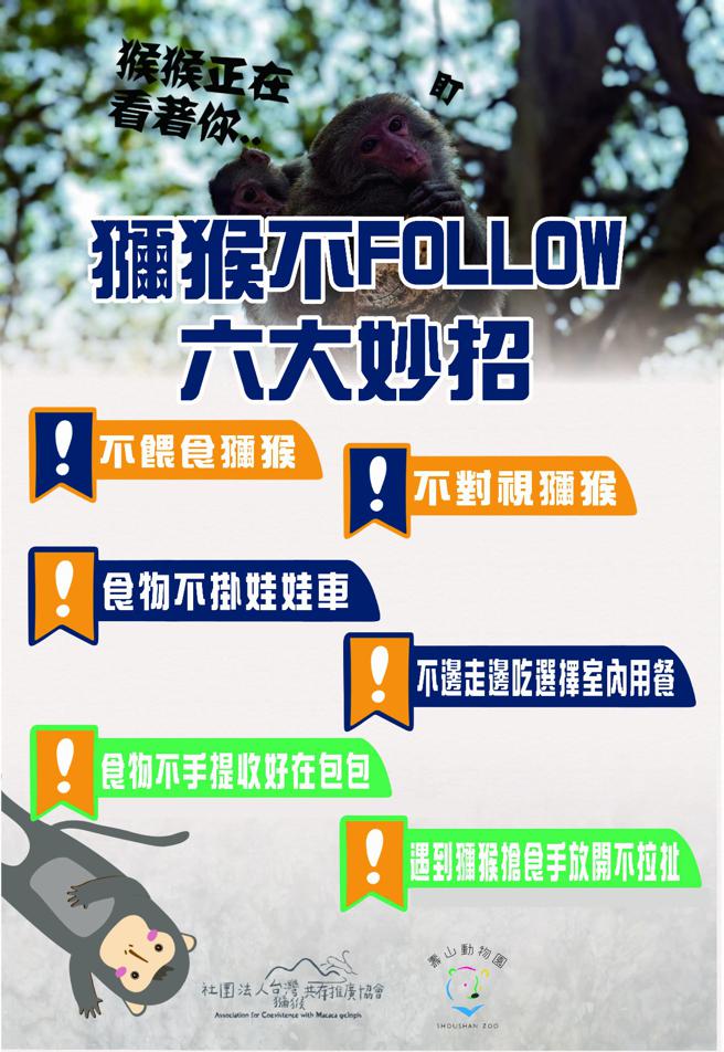 猕猴不FOLLOW 6大妙招宣导图卡。(高雄市观光局提供)
