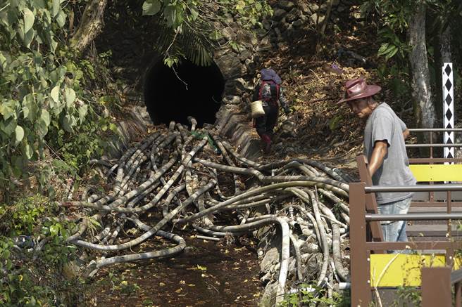 来义乡农民前往二峰圳主河道水管取水口察看水位情况。（黄子明摄）