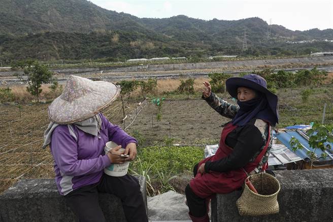 屏东来义乡新来义部落的罗姓老农妇（右）修復漏水水管，回到田间与赖姓农妇谈论林边溪对岸农田灌溉问题。（黄子明摄）