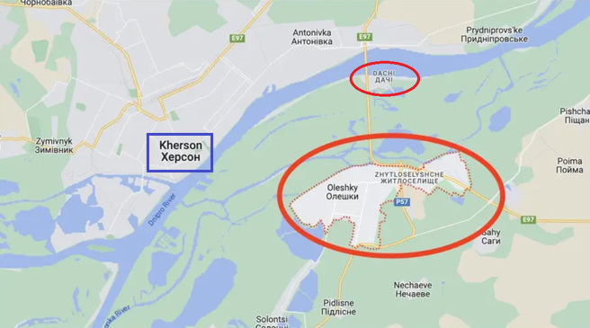 战争研究所称，乌军已出现在赫尔松首府(蓝框)的河对面，秋鲁平斯克镇(大红圈)与达奇(小红圈)。(图/Google Map)