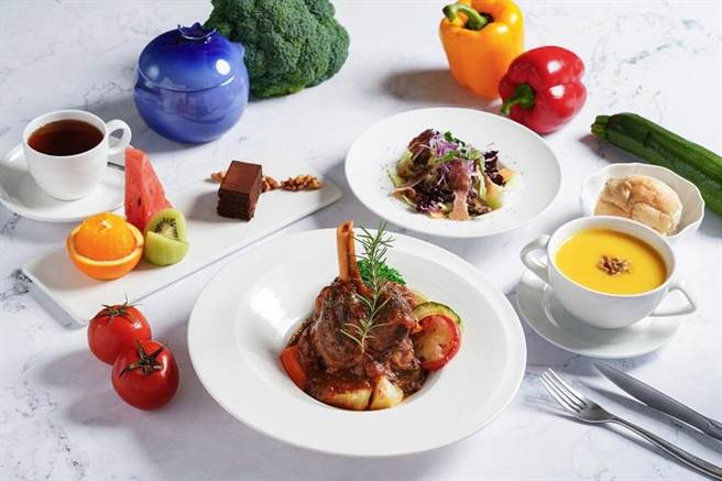 「番茄时蔬炖羊膝」套餐享沙拉、汤品、精致餐包、水果甜点及饮品，原价750元，节庆优惠550元加1成。（神旺商务酒店提供）