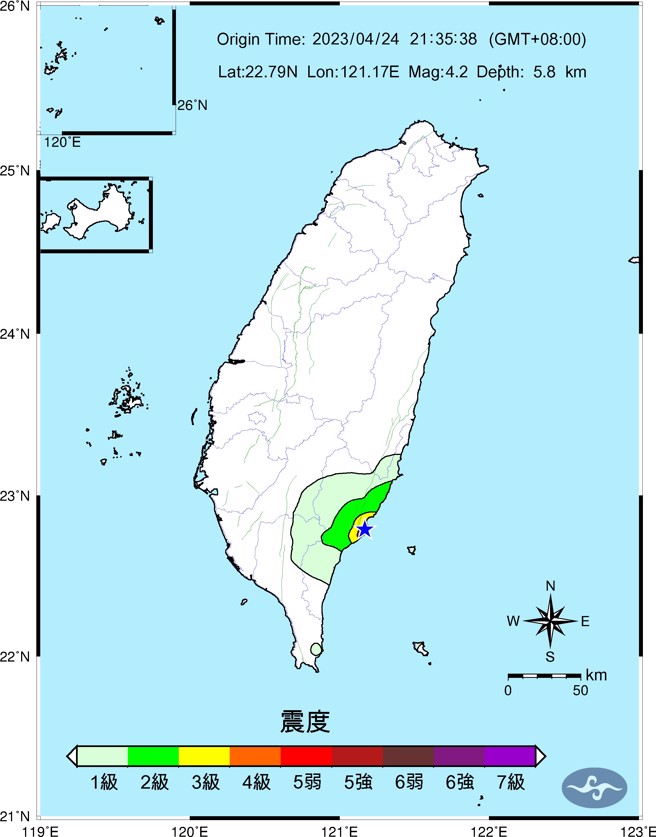 地牛翻身！台東今晚共3起地震 畫面曝光（圖/中央氣象局提供）