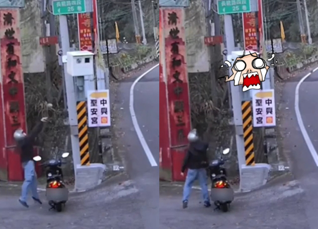 男子疑遭拍过，气得拿起大石块猛往测速照相器丢，后来也被他砸出一个大洞。（中时资料照）