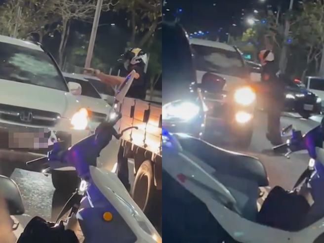 员警掏出警棍对方仍不配合，因此猛砸车窗一连30多下，没想到车窗被砸到碎裂，员警也几乎累到没力再砸，对方仍直接倒退驶离。（翻摄自脸书「爆料公社」）