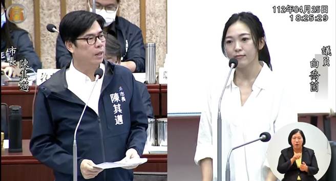 国民党高市议员白乔茵指出，她监督善款有无被滥用，观光局却给假资料，让近2亿空桥、6250万温室咖啡厅的预算项目「凭空消失」，痛批市府无法无天。高雄市长陈其迈强调，公务员依法行政，议员有所误解。（柯宗纬翻摄）