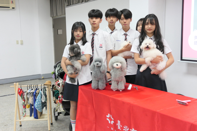 臺北私立育达高中宠物造型设计实验班课程不仅着重在实务技术，更结合市场行销，未来学生可投身各式宠物业，如宠物美容师、宠物保姆、宠物周边商品开发设计。(醒吾科大提供)