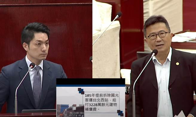 针对追加预算中2.34亿需用于赔付北艺营造厂商，国民党议员吴世正（右）呼吁台北市长蒋万安（左）不需要帮前市长柯文哲背锅。（摘自北市议会直播系统）