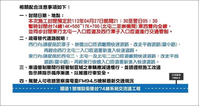 交通部高速公路局第二新建工程处4月27日进行国道1号增设衔接台74线系统交流道工程，部分路段封闭，请用路人改道。（台中市第五分局提供／冯惠宜台中传真）