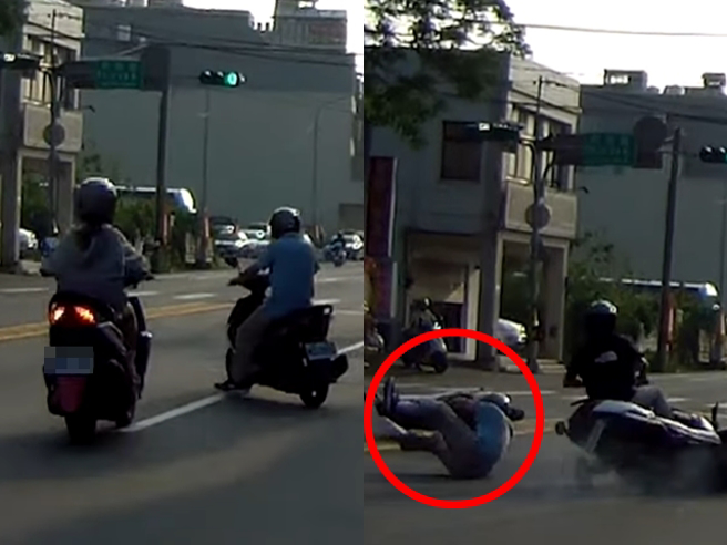 机车骑士起步时鬼切，跨越双黄线到对面，后方2辆机车当场撞上倒地，3车全横躺路中，网友怒批「明明前方不到十公尺就有红路灯的路口」。（翻摄自YouTube频道「WoWtchout - 地图型行车影像分享平台」）