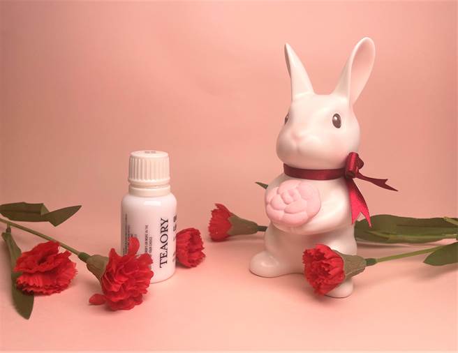 《邦尼先生 Mr. Bunny》双手捧着绽放的小茶花，表达爱与关怀，是送给妈妈最美好的祝福，搭配「皇家胭脂」复方精华，传达愉悦香气及疗癒心情。（蔡雯如摄）