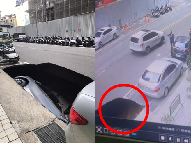 事发画面曝光，只见特斯拉车体路面突然崩落，后来车体被吊起，左车身严重毁损，挡风玻璃也裂成蜘蛛网状。（大有可为社区提供）