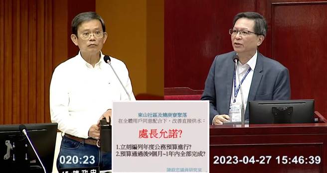 台北市议员陈政忠要求，针对东山社区和烧更寮无法直接使用自来水，自来水事业处必须协助改善。（摘自议会YouTube）