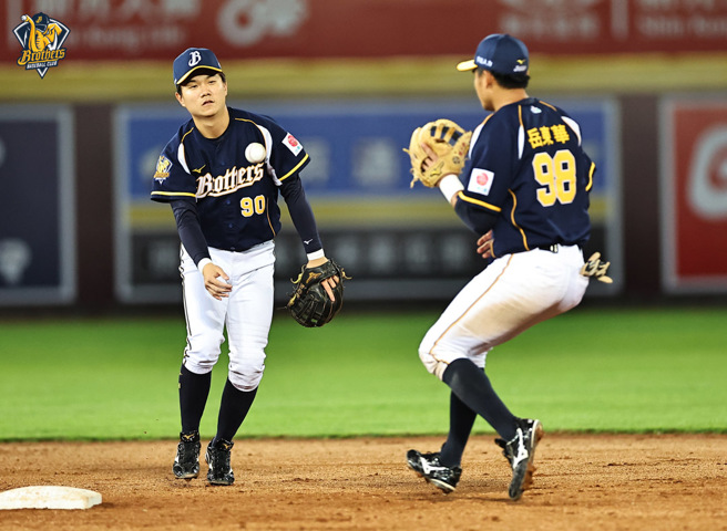 中信兄弟二游搭檔江坤宇（左）、岳東華。（資料照，中信兄弟提供）