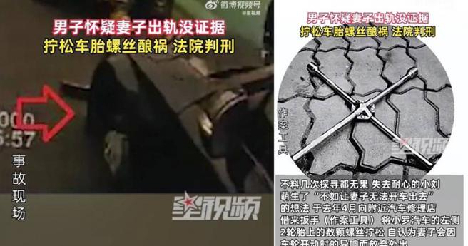 大陸浙江一名男子懷疑妻子出軌，竟萌生了「不如讓妻子無法開車出去」的想法，借來扳手把輪胎上的數顆螺絲擰鬆，導致妻子開車出門後，車子在半路往下沉。（圖／翻攝星視頻）