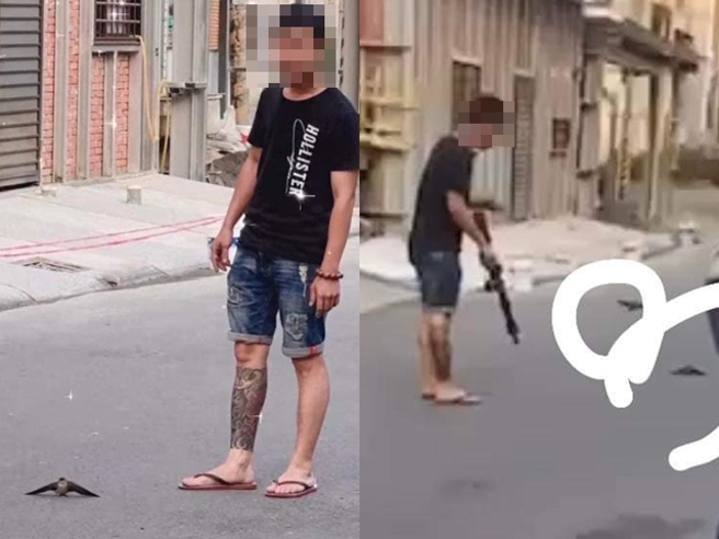 台南仁德一名男子日前被目击当街拿瓦斯枪射杀2只燕子，爆料者说2只燕子当时在屋外徘徊，准备回住家内的巢，男子见状接连射杀牠们。（翻摄自脸书「爆料公社」）