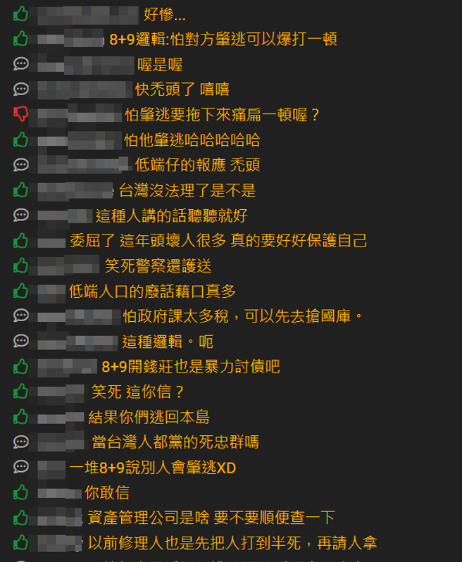 針對王男說朋友是覺得洪男「要肇逃」才會痛毆對方，PTT上網友怒罵「8+9邏輯:怕對方肇逃可以爆打一頓」、「怕肇逃要拖下來痛扁一頓喔？」（翻攝自PTT）
