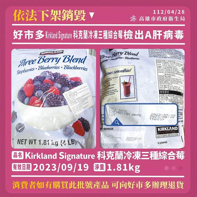 台灣好市多「Kirkland Signature科克蘭冷凍三種綜合莓」被驗出A肝病毒，已銷出1.7萬公斤，一度拖延拒絕提供客戶名單，遭衛生局依傳染病防治制開出最高額30萬元罰單。好市多挨罰後立刻交出清單，衛生局將主動發簡訊提醒消費者，出現不適症狀盡早就醫。（高市衛生局提供／袁庭堯高雄傳真）