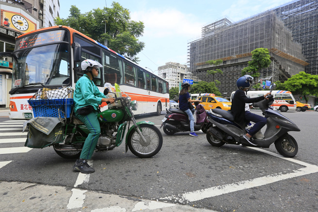 图为台北市士林区基河路与剑潭路的十字路口设置机车待转区，许多机车族在待转区等待时，常被来往大型车辆逼到无处可退。（资料照／张铠乙摄）