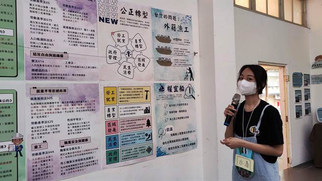 「永续劳动展─相约51系列活动」会场中除了布置联合国SDGs各项指标外，更强化与劳动相关的指标说明，还有时下正夯的气候变迁「公正转型」议题，也有各项活动盼让劳动教育与儿童互动，盼劳动意识从小扎根。（林良齐摄）