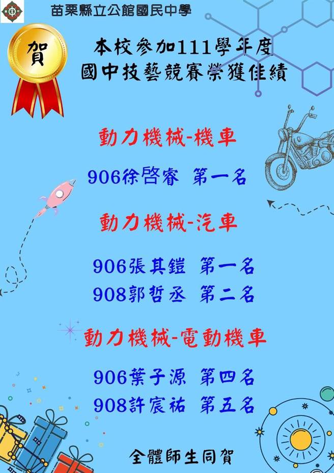 苗栗县公馆国中参加技艺教育竞赛成绩亮眼。（公馆国中提供／谢明俊苗栗传真）