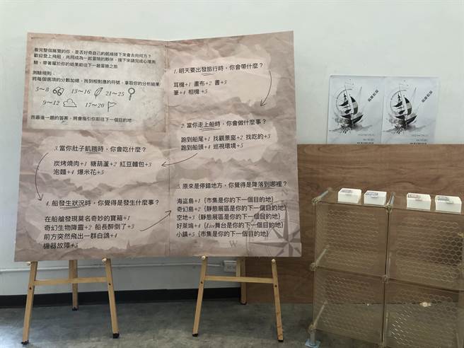 学生以「旅行」为主题设计心理测验，让观眾展览后可以带一张专属小卡回家。（张芷瑜摄）