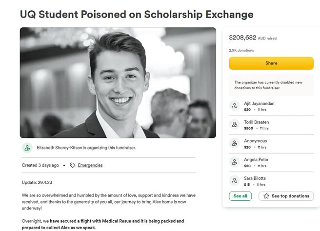 据澳洲新闻网（News.com.au）、「第七频道」（7 NEWS）等媒体4月29日报导，肖雷（Alex Shorey）来台北的淡江大学当交换学生一年，4月初误食老鼠药。（摘自GoFundMe网站）