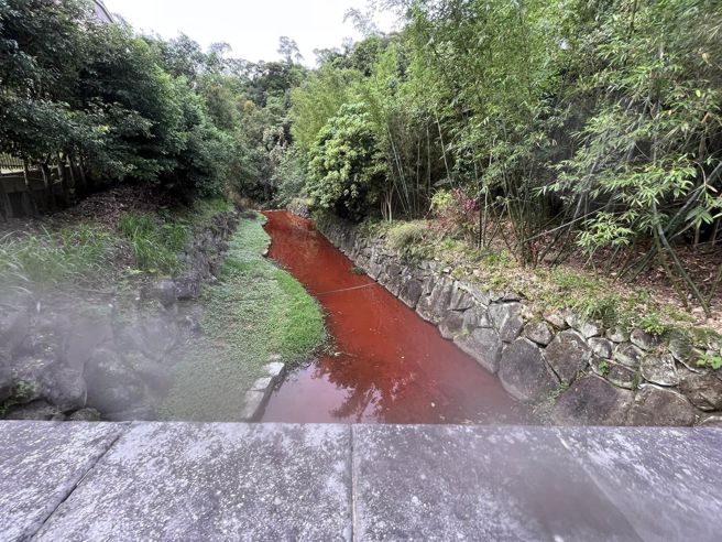 北市内湖内沟溪突然一片红通通，引起附近居民担心，内沟里里长王晓芳透露通报相关局处进行处理后，环保局已确认该染剂无毒。（图／王晓芳提供）