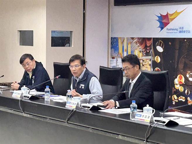 小港机场疫后航线恢復仅43％，交通部长王国材(中)与航空业者研议疫后增加航线、航班。（崔正纲摄）