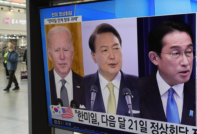 美日韩3方很有可能藉5月中旬在日本广岛举行七大工业国集团（G7）峰会的机会举行美日韩峰会。（图／美联社）