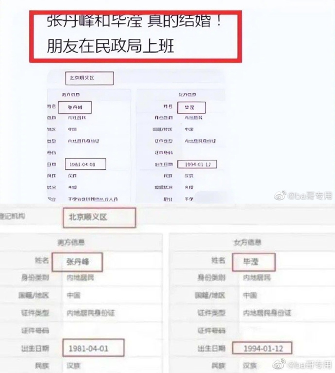 网友爆料张丹峰和毕滢结婚。（图／翻摄自ba哥专用微博）