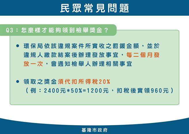 ▲检举奖金说明举例。（基隆市政府提供／徐佑升基隆传真）