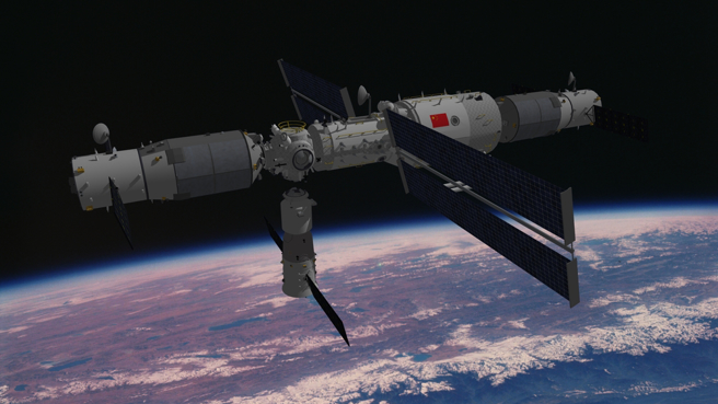 神舟13号在天河最低点港对接的3D图。（示意图/达志影像/shutterstock）