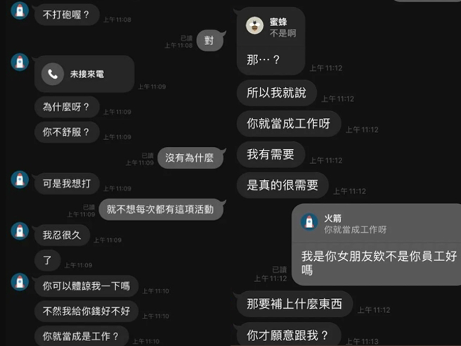 女子近日提出约会完不啪啪，男友傻眼说「不然我给你钱好不好，你就当成是工作？」还说「妳就只要躺着就好，不用10分钟」。（翻摄自Dcard）