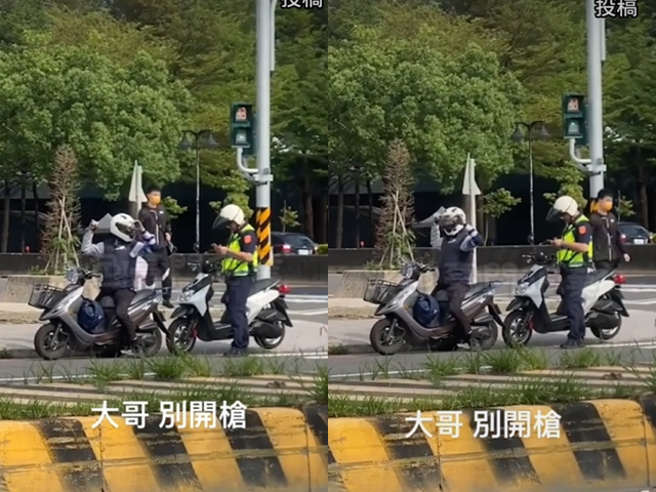 男機車騎士日前被攔檢時，被目擊高舉雙手，還不時轉動身體，當時警方在後方疑似準備開單，畫面曝光網友笑說「他一定是移民回來台灣居住的」。（翻攝自臉書「黑色豪門企業」）